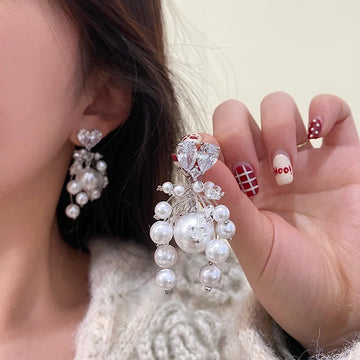 DAIIIBABYYY  -  Korean Pearl Drop Earrings for Women Silver Color Rhinestone Flower Pendant Earrings Wedding Party Jewelry